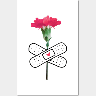 Pink flower with band aid patch Posters and Art